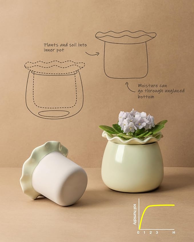 Self Watering Plant Pot, 6 Inch African Violet Pots Maintenance, Ceramic - Image 4
