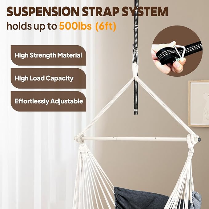 Chihee Hammock Chair 4.9ft x 3.9ft Max 500 Lbs Widen Hanging Swing 2 Cushions - Image 3