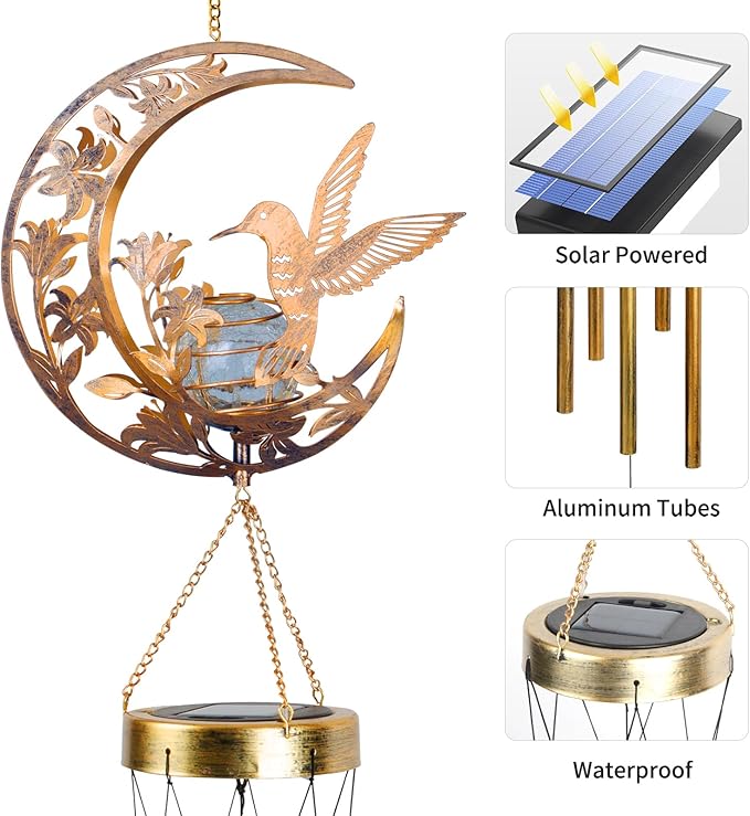 Moon Hummingbird Wind Chime Outdoor, Handcrafted Metal Garden Wind Chimes - Image 6
