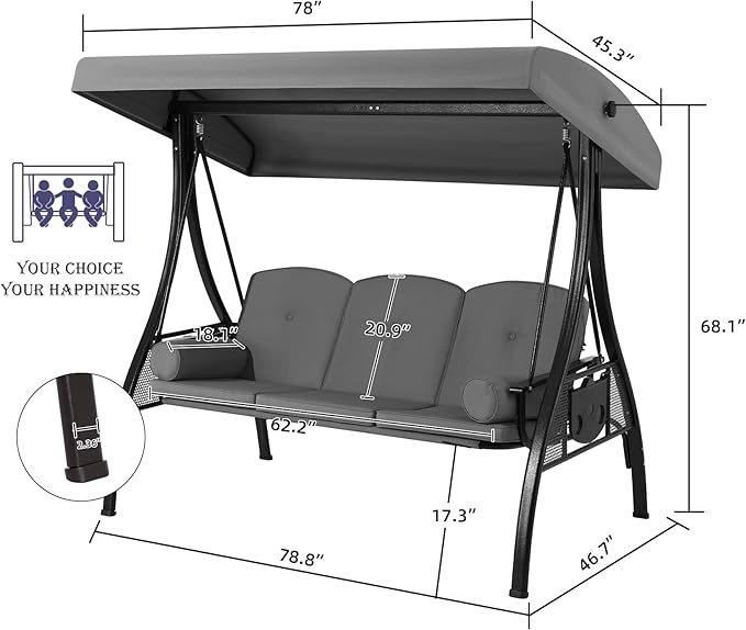 HOMREST 3 Seat Outdoor Porch Swing - Image 7