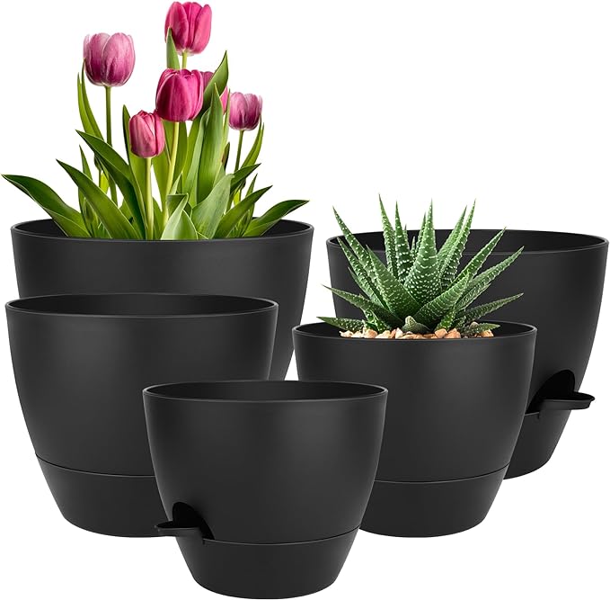 Plant Pots 10/9/8/7.5/7 Inch Self Watering Pots, Plastic Flower Pots, Nursery by QRRICA