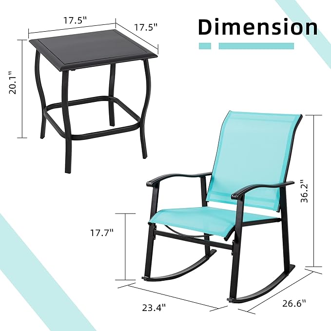 Vongrasig 3 Piece Outdoor Rocking Bistro Set, Textilene Fabric Small Patio - Image 6