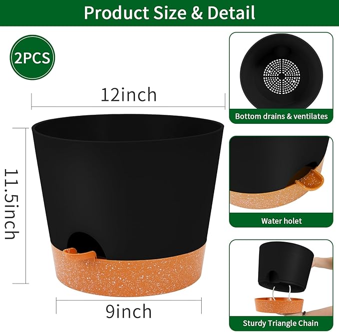 GARDIFE 12 inch Plant Pots, Self Watering Pots, 2 Pack Large Plastic Flower pots - Image 2