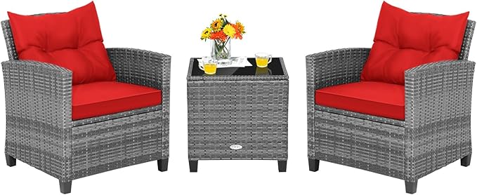 Tangkula 3 Pieces Patio Furniture Set, Outdoor PE Rattan Conversation Chair Set by TANGKULA