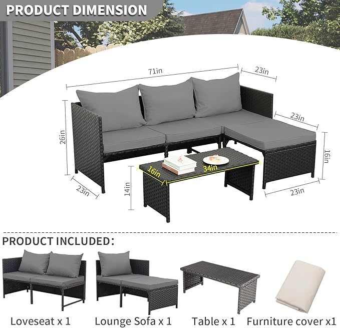 Valita 3-Piece Outdoor PE Rattan Furniture Set Patio Black Wicker Conversation - Image 4