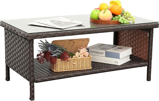 Outdoor Wicker Coffee Table Patio Furniture Garden Rattan 2-Layer Glass Table by Rattaner