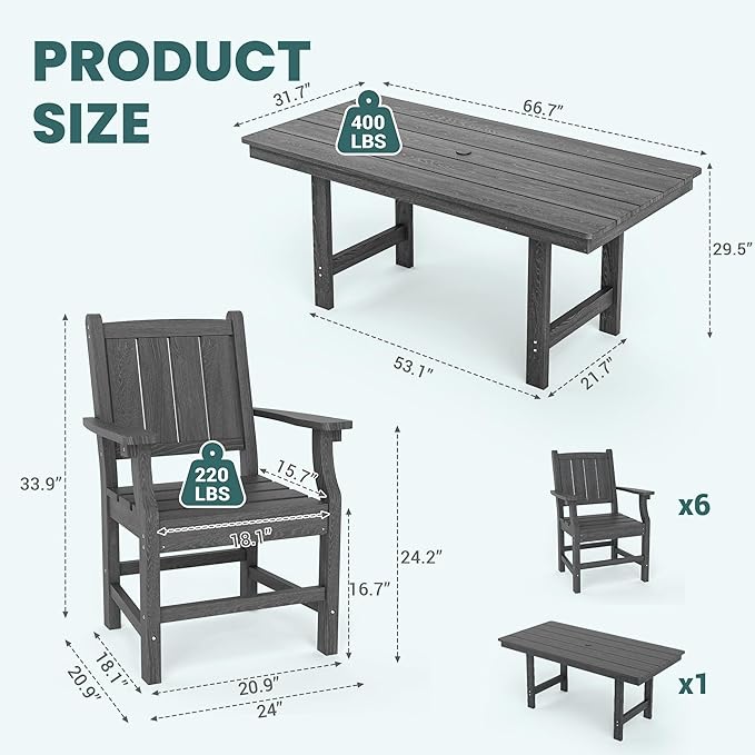 Pamapic 7 PCS Outdoor Dining Set, Spacious HDPE Outdoor Table and Chairs - Image 5