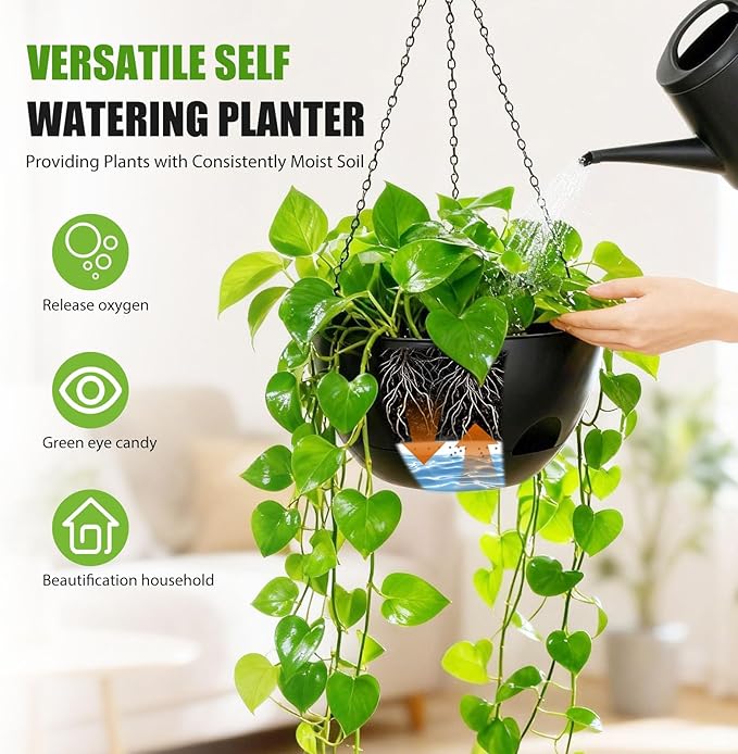 8 Inch Hanging Planters for Indoor Outdoor Plants, 4 Pack Black Plastic Self - Image 2
