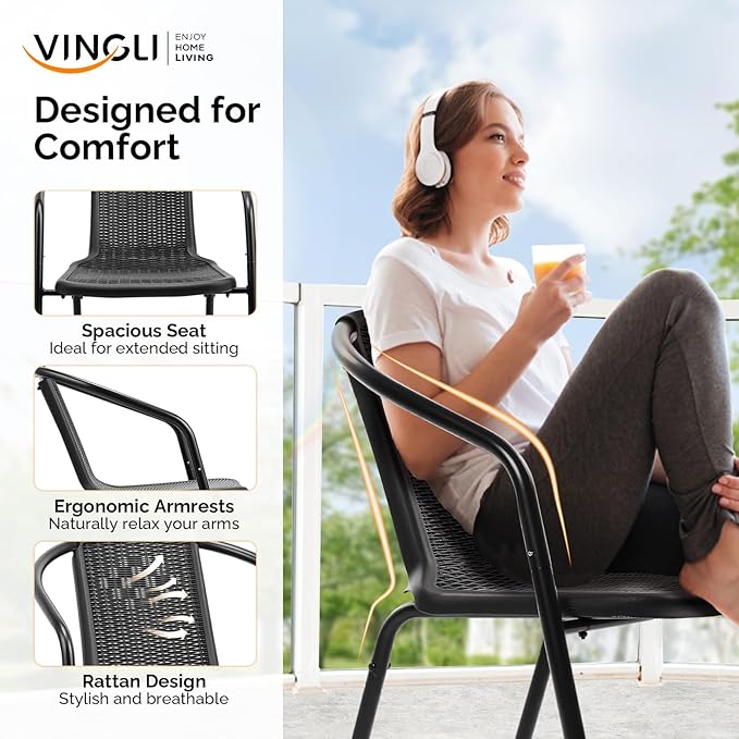 VINGLI PE Rattan Outdoor Dining Chairs Set of 4, Plastic Stackable Patio Chairs - Image 5