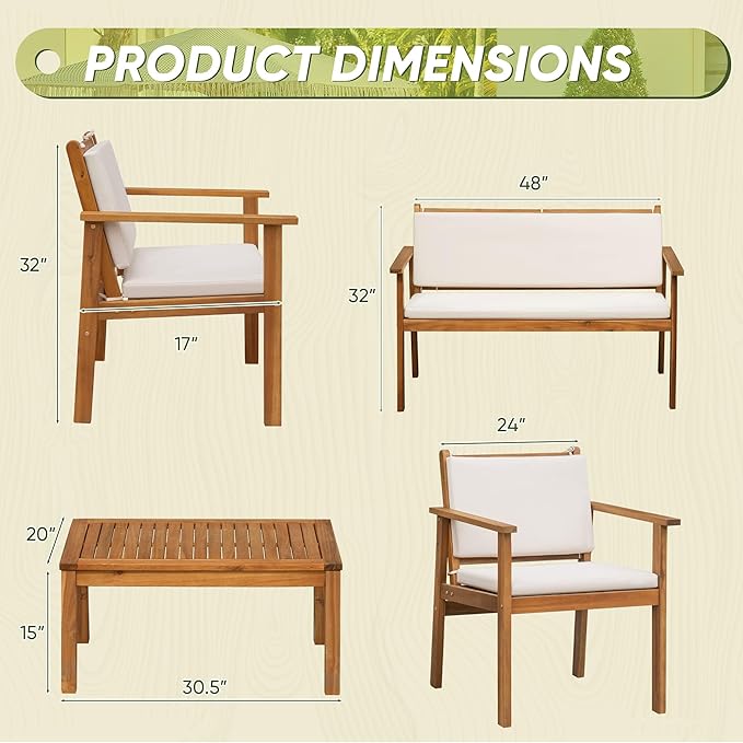 Flamaker Patio Furniture 4 Piece Outdoor Acacia Wood Patio Conversation Sofa Set - Image 7