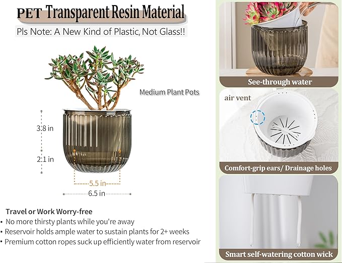 Melphoe Self Watering Pots for Indoor Plants Planter, 6.5 Inch 2 Pack Planters - Image 6
