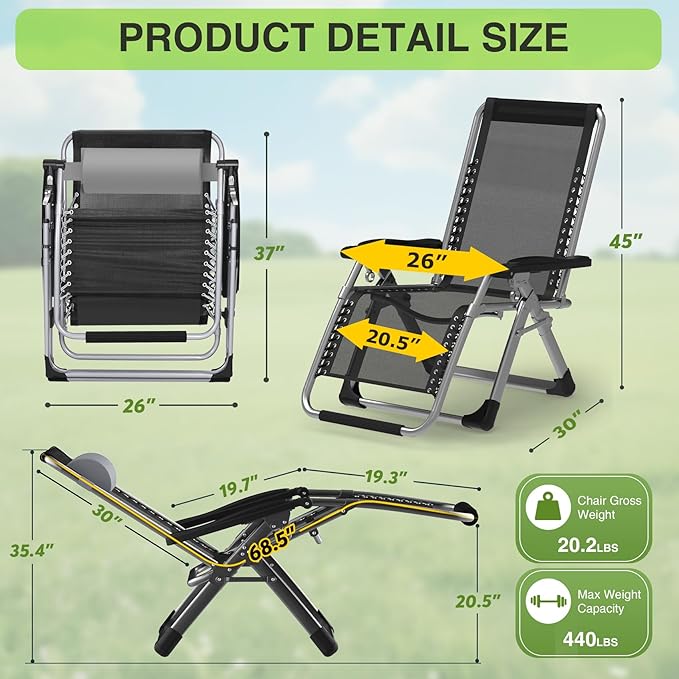 Suteck Zero Gravity Chair Set of 2, Reclining Camping Lounge Chair w/Removable - Image 2