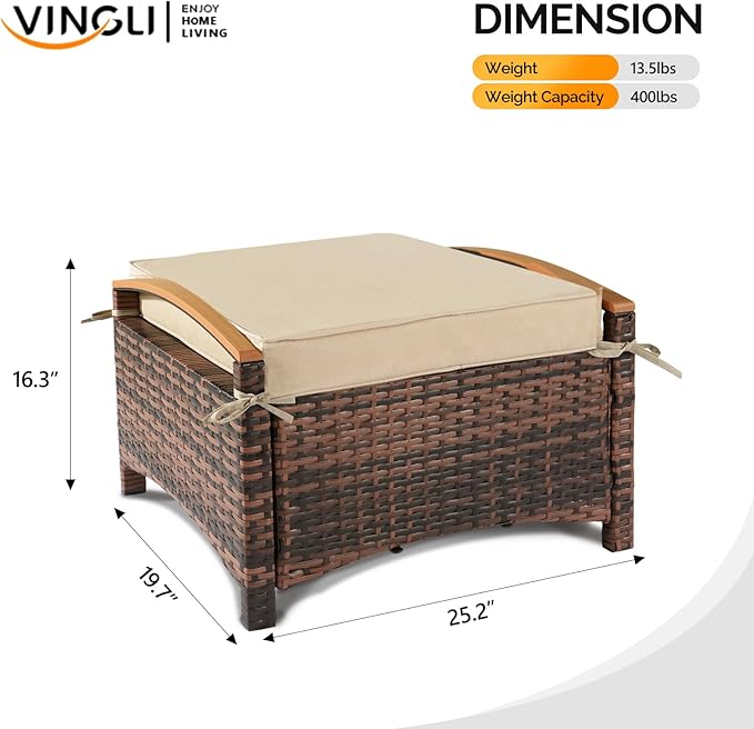 VINGLI Wicker Outdoor Ottoman Set of 2, All Weather PE Rattan Footstool - Image 3