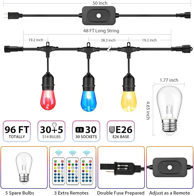 Mlambert 96Ft Outdoor Patio Lights, RGB Dimmable Cafe String Lights - Image 2