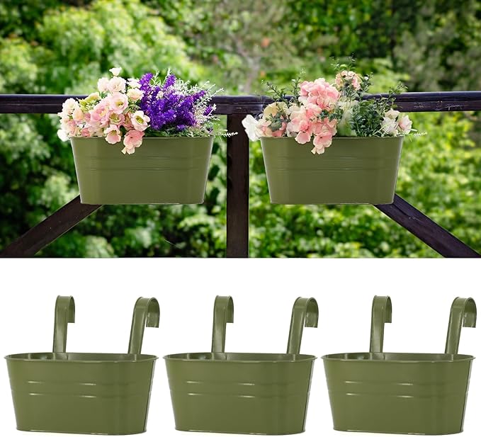 3 Pack Metal Railing Planters, 10.5" Oval Hanging Flower Pots by MeltsetM