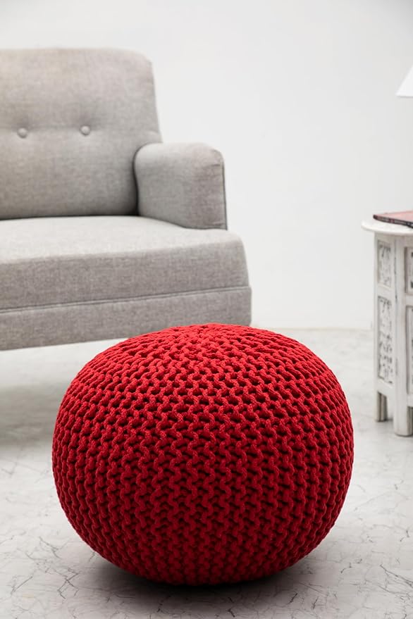 COTTON CRAFT - Hand Knitted Cable Style Dori Pouf - Red - Floor Ottoman - - Image 7