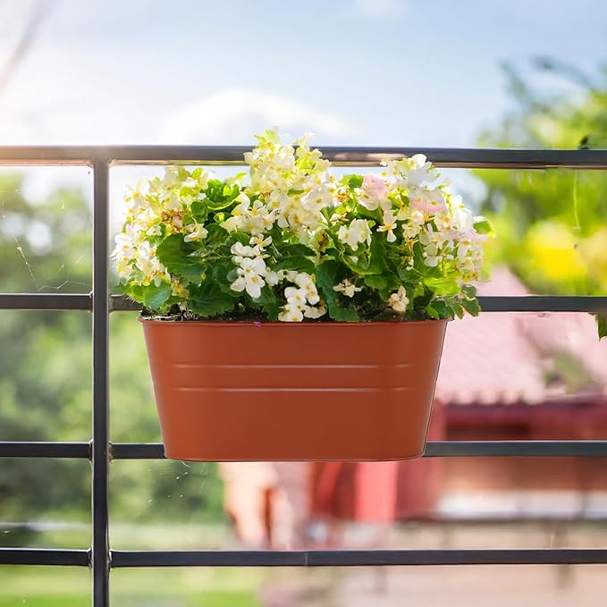 3 Pack Metal Railing Planters, 10.5" Oval Hanging Flower Pots - Image 6