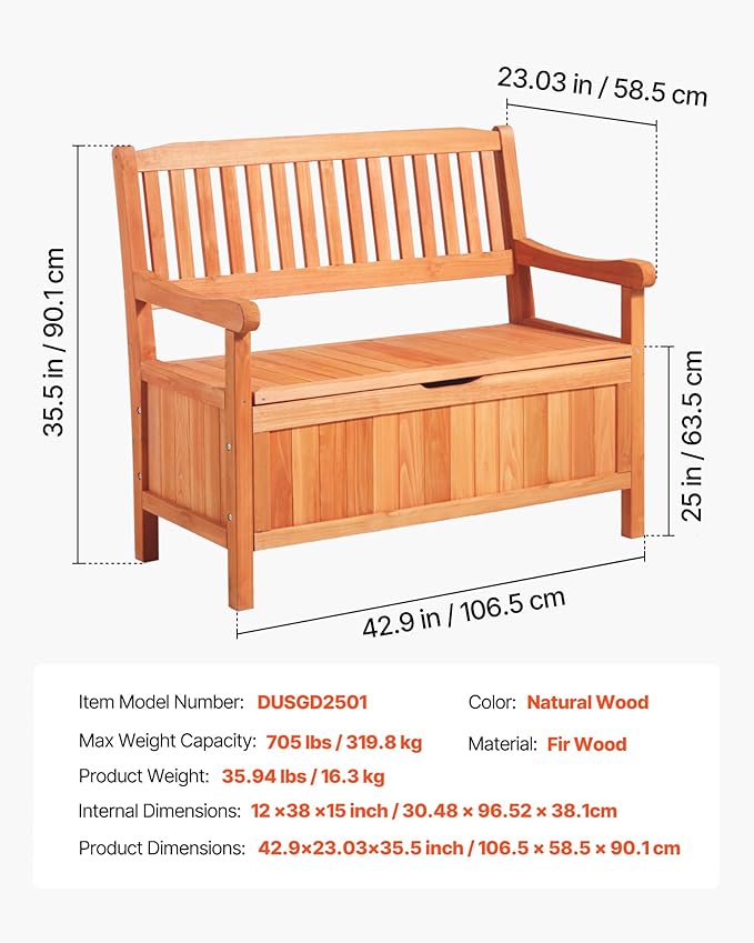 VEVOR Outdoor Storage Bench, 2-Person Wooden Storage Bench, 33 Gallons Deck Box - Image 3