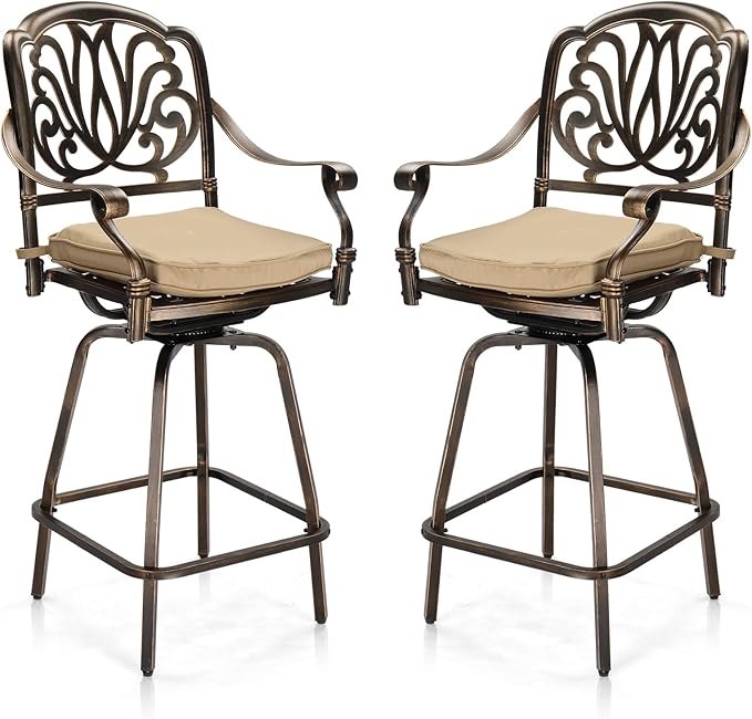 VINGLI Outdoor Swivel Bar Stools Set of 2, Cast Aluminum Patio Bar Height Chairs by VINGLI