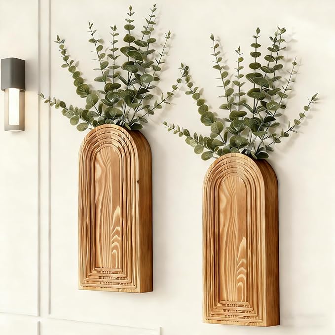 2 Pack Wooden Wall Vase Set, Boho Hanging Planter by Unknown