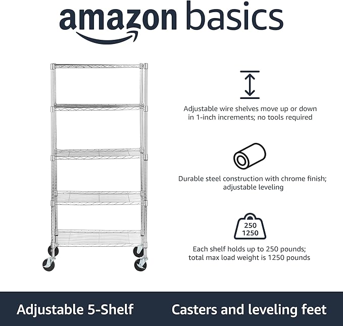 Amazon Basics 5-Shelf Adjustable, Heavy Duty Storage Shelving Unit on 4" Wheel - Image 3