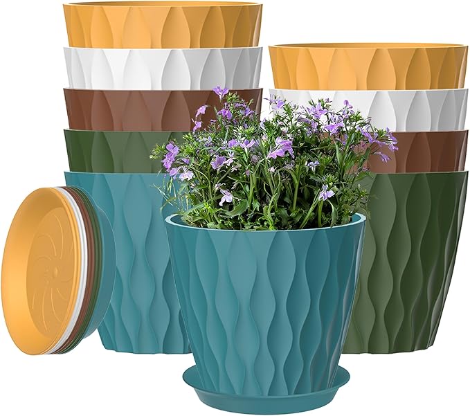 10 Pack 5 Inch Plant Pots with Drainage and Saucers, Stackable Nursery Planters by zople
