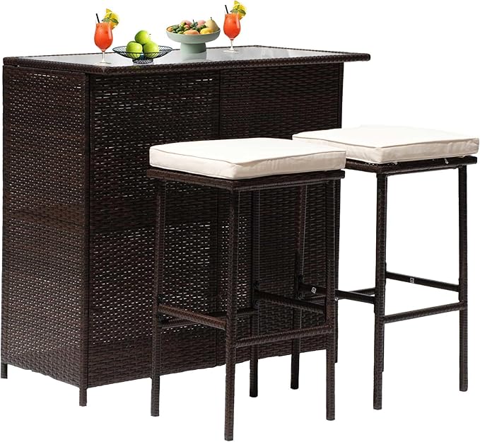 PayLessHere Rattan Bar Set 3Pcs Patio Wicker Bistro Set Sturdy Frame Bar Height by PayLessHere