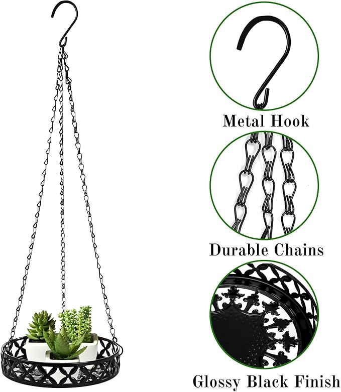 2 Pack Hanging Planters, 9.8 Inch Metal Plant Hanger, Decorative Glossy Black - Image 3