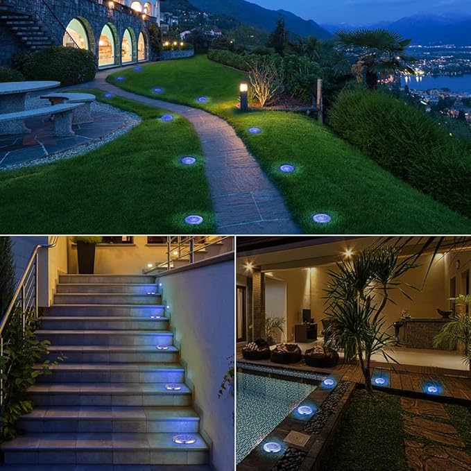 LYHOPE Solar Ground Lights Outdoor, 8 Pack 8 LED Solar Disk Lights Waterproof - Image 2