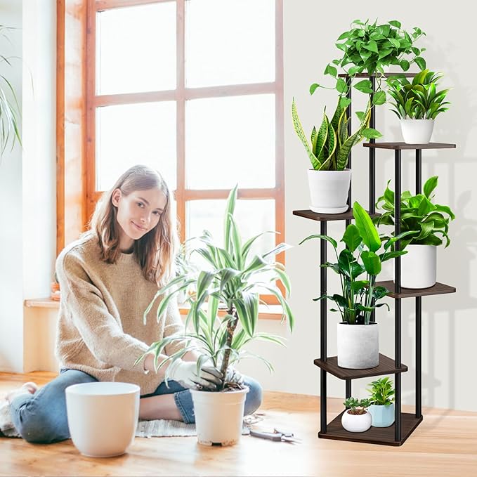 6 Tier Wood Tall Plant Stand Metal Rack Indoor, Planter Shelf Display Rack - Image 5