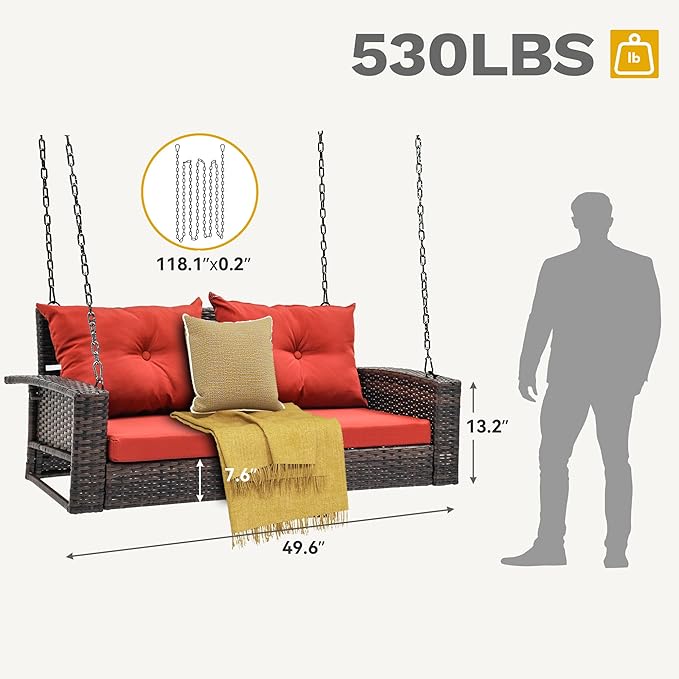 DWVO Hanging Porch Swing Chair Outdoor Wicker Rattan Patio Swing Lounge 2 Seats - Image 6
