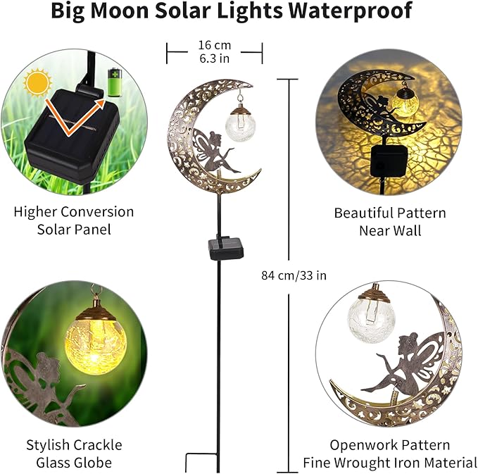 Solar Garden Lights Outdoor Decor, Moon Fairy Crackle Glass Lights, Waterproof - Image 3