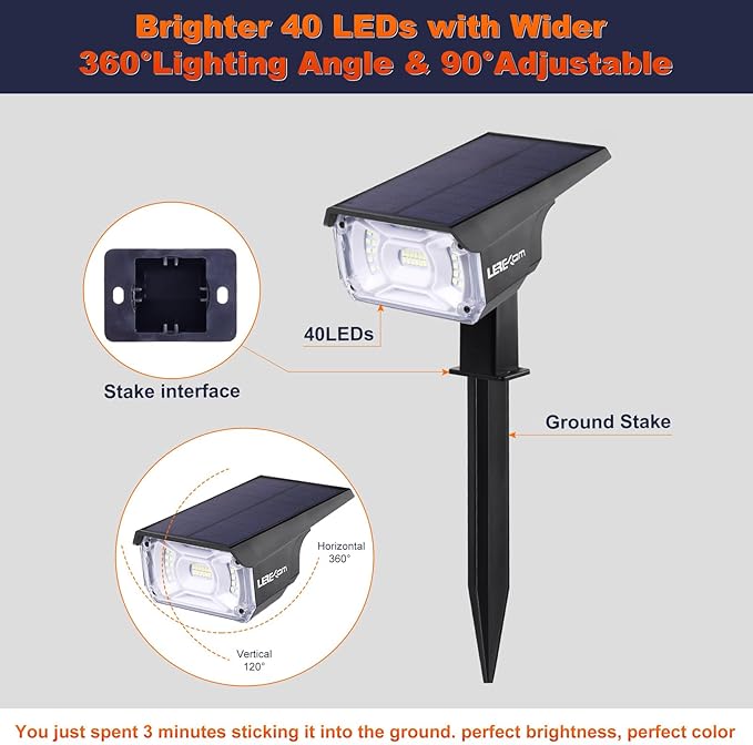 40 LEDs Spotlights, IP65 Waterproof Solar Powered Landscape Spotlights 2-in-1 - Image 6