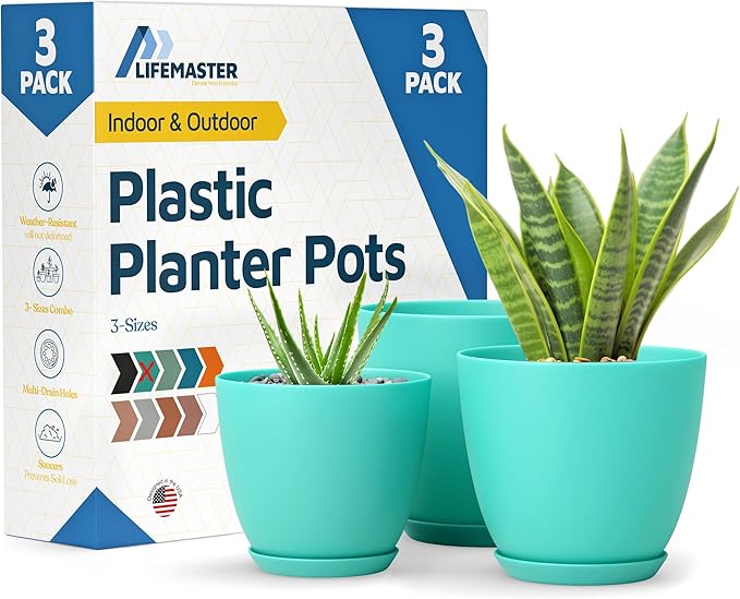 Aqua Plant Pots with Drainage Holes & Saucers 3 Pack, Indoor & Outdoor by LIFEMASTER