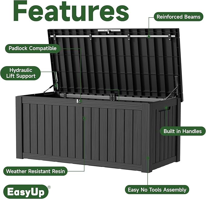 EasyUp 150 Gallon Outdoor Storage Box, Resin Waterproof UV-Resistant Deck Box - Image 3