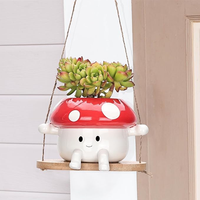 Fungi Fun Mushroom Hanging Planter Pot, Cute Ceramic Swing Face Planter - Image 6