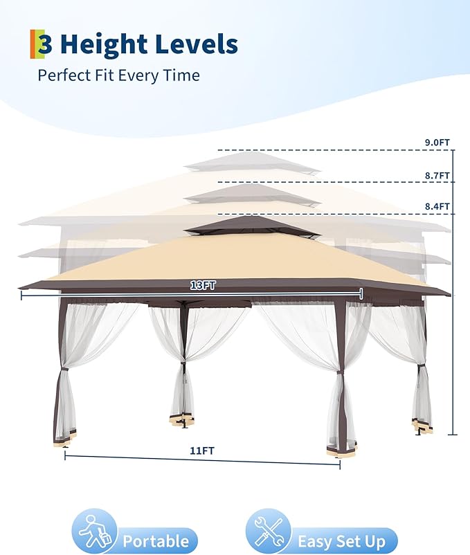 Canopy Tent 13x13 ft, Pop Up Gazebo One-Push Setup - Image 4