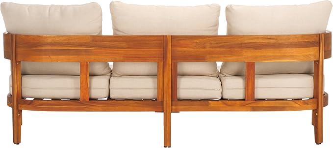 SAFAVIEH Outdoor Collection Theo Natural Teak Solid Wood/Taupe Cushion 3-Seater - Image 5
