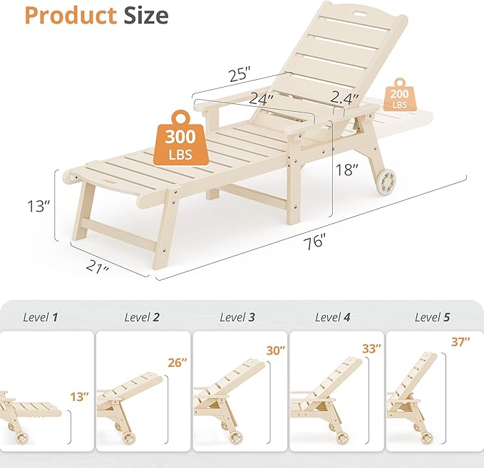 LUE BONA Outdoor Chaise Lounge Chairs Set of 4, HDPS Chaise Lounger, 5 - Image 2