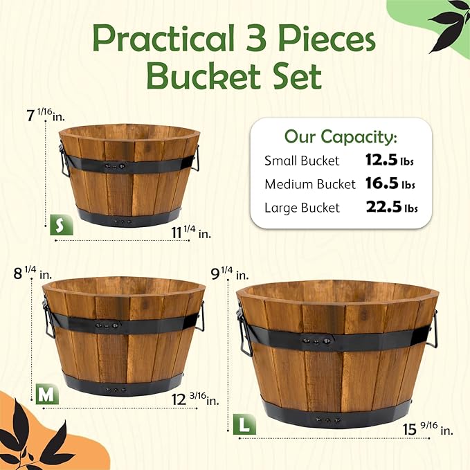 Idzo Set of 3 Wooden Flower Boxes Outdoor, Durable Acacia Wood Barrel Planters - Image 4