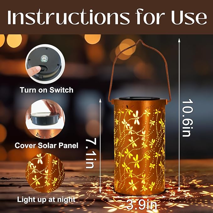2 Pack Solar Lanterns Outdoor Hanging Lantern Lights, Dragonfly Hollowed-Out - Image 3
