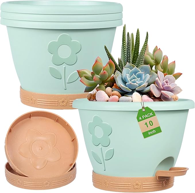 Plastic Plant Pots 10 Inch Set of 4, Self Watering Pots by gegemaoyi