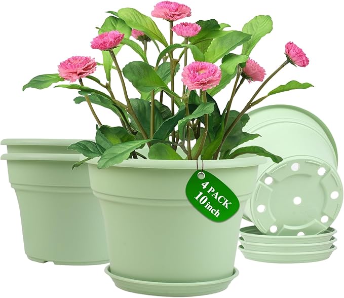 10 Inch Plastic-Flower-Pot-for-Indoor-Plants, 4 Pack Large Outdoor Planter Pot by Pottiffe