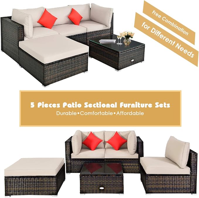 Tangkula 5 Pieces Patio Rattan Furniture Set, Outdoor Sectional Rattan Sofa Set - Image 5