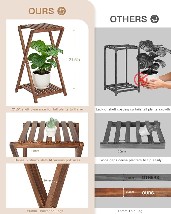 Tall Plant Stand Indoor, Wooden 2 Tier Plant Shelf - Image 3