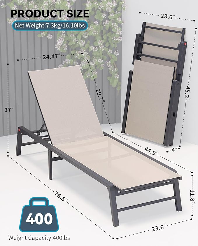 Aluminum Chaise Lounge Chair Outdoor, Foldable Patio Lounge Chair Assemble-Free - Image 2