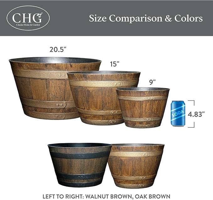 Classic Home and Garden Outdoor Round Whiskey Resin Flower Pot Barrel Planter - Image 6