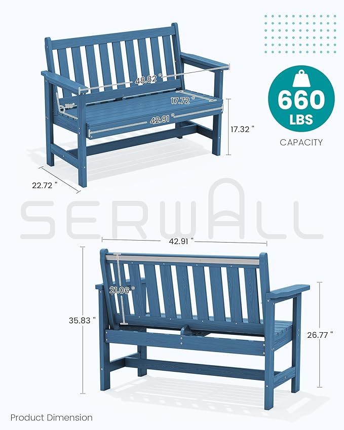 SERWALL Outdoor Bench, HDPE Outdoor Benches Weatherproof, 2-Person Garden Bench - Image 3