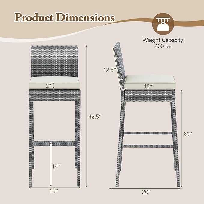 HAPPYGRILL Patio Wicker Barstools Set of 4, Outdoor Bar Height Chair w/Soft - Image 3
