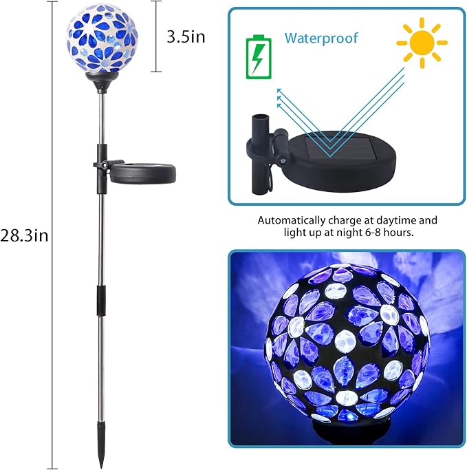 WNP Solar Garden Decorative Stakes Blue Outdoor Waterproof Mosaic Solar Powered - Image 5